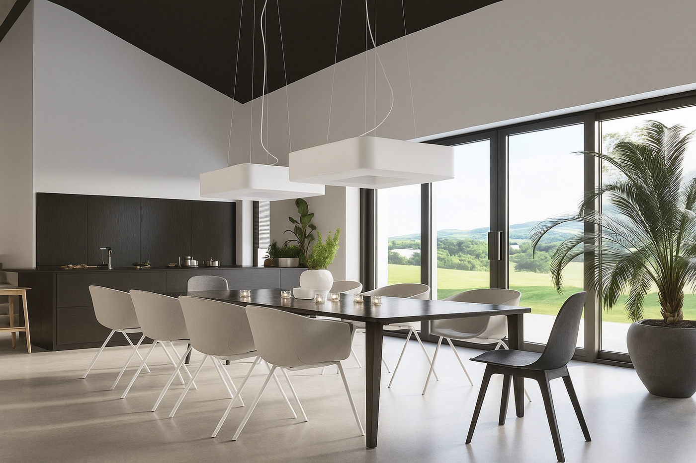 Modernes Esszimmer mit minimalistischer Einrichtung, großem Esstisch, Design-Stühlen und stilvollen Hängelampen. Große Fensterfront mit Blick auf grüne Landschaft, moderne Küche im Hintergrund, dekorative Zimmerpflanzen sorgen für ein wohnliches Ambiente. Perfekte Inspiration für Interior Design und hochwertige Wohnraumgestaltung.
