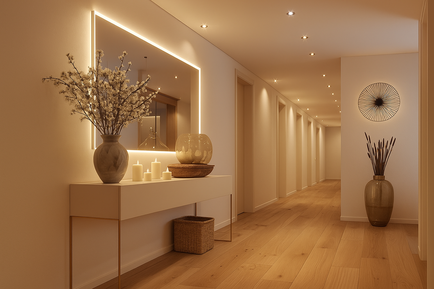 Eleganter Flur mit warmem Ambientelicht, dekorativer Konsole mit beleuchtetem Spiegel, Vasen, Kerzen und Trockenblumen. Heller Holzfußboden, moderne Einbauspots und stilvolle Wanddeko schaffen ein gemütliches, hochwertiges Wohnambiente – ideal für Interior Design Inspiration im Eingangsbereich.