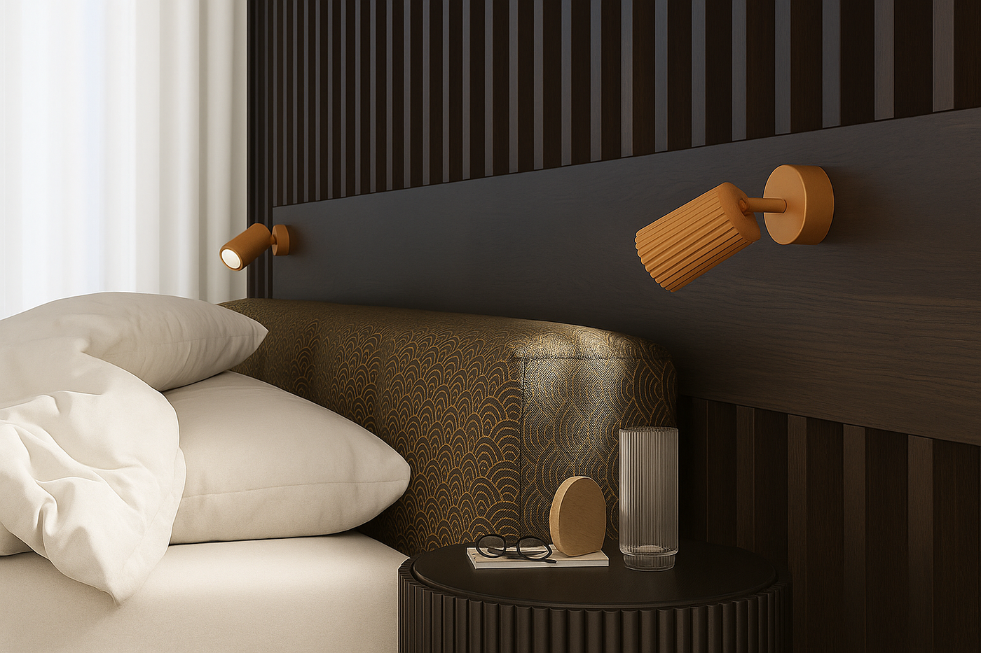 Modernes Schlafzimmer mit gepolstertem Kopfteil in Art-Déco-Optik, edlen Holzverkleidungen und stilvollen LED-Leselampen in Gold-Optik. Nachtkästchen mit geriffelter Oberfläche, darauf Dekoobjekte, Brille und Wasserglas. Minimalistisches, luxuriöses Design für elegante Schlafraumgestaltung.