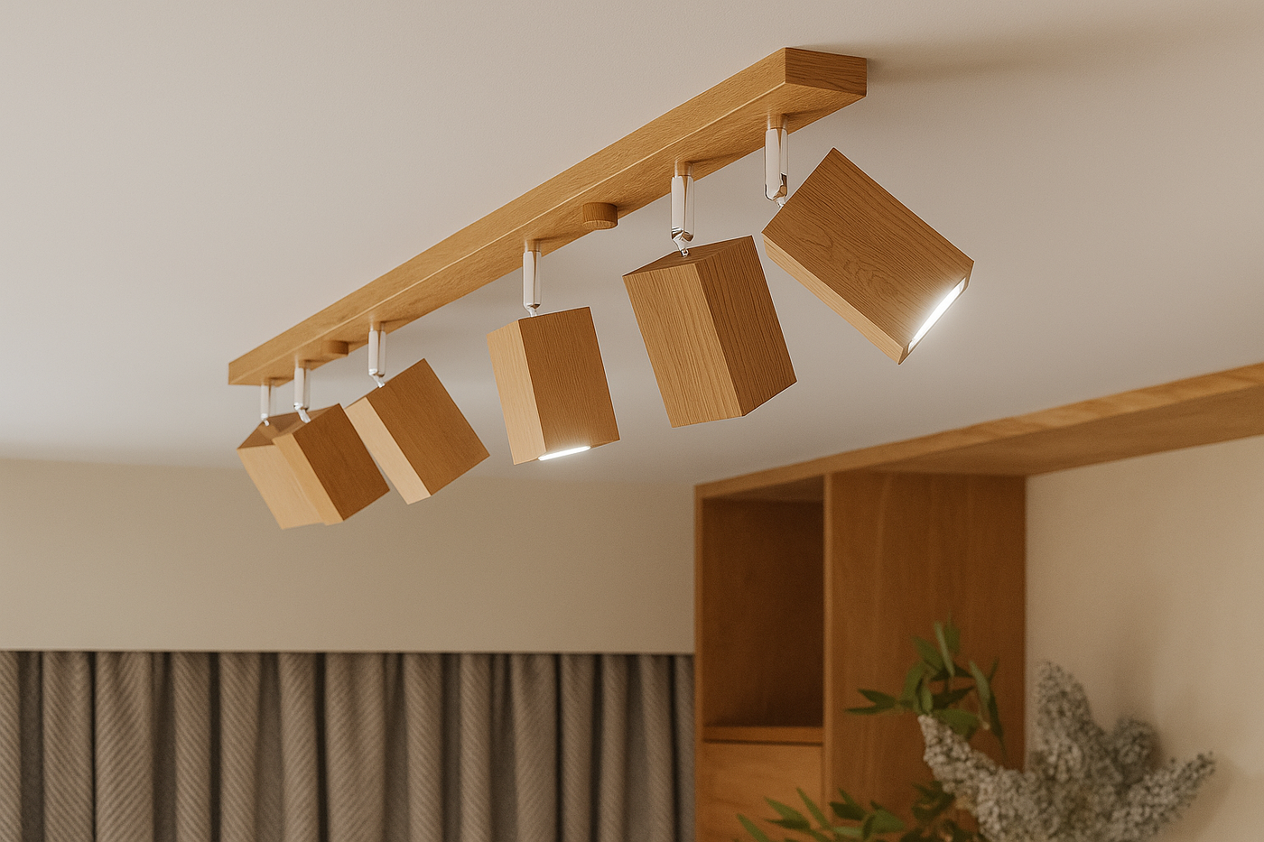 Moderne Deckenleuchte aus Holz mit fünf schwenkbaren, würfelförmigen Spots in natürlicher Eichenoptik. Ideal für Wohnzimmer oder Schlafzimmer im skandinavischen oder minimalistischen Stil. Hochwertiges, warmes LED-Licht für gezielte Akzentbeleuchtung im Innenraum.