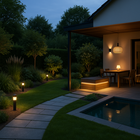 Moderner Garten am Abend mit stilvoller Beleuchtung: Wegeleuchten entlang des Steinpfades, LED-Licht an Sitzbank, Hängeleuchte und Tischleuchte auf der Terrasse sowie dezente Poolbeleuchtung – elegante Außenbeleuchtung für Sicherheit und Atmosphäre.