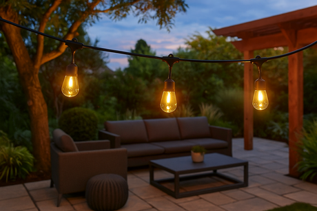Solare LED-Lichterkette mit warmweiß leuchtenden Vintage-Birnen über einer modernen Gartenterrasse bei Dämmerung. Im Hintergrund gemütliche Outdoor-Möbel und ein Holzpavillon, umgeben von üppigem Grün. Die Szene wirkt einladend und atmosphärisch.