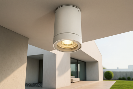 Moderne LED-Aufbauleuchte in zylindrischer Form, montiert an der Decke eines überdachten Außenbereichs. Die Leuchte strahlt warmweißes Licht aus und ist an einer stilvollen, hellen Fassade eines zeitgenössischen Hauses installiert. Im Hintergrund ist eine gepflegte Terrasse mit Rasenfläche und minimalistischem Garten zu sehen.