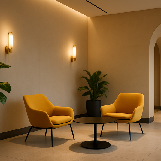 Zwei moderne gelbe Lounge-Sessel mit rundem schwarzem Tisch in stilvoll beleuchtetem Wartebereich; warme Wandleuchten, dezente Pflanzen und beige Wände schaffen eine einladende Atmosphäre für Geschäftskunden.