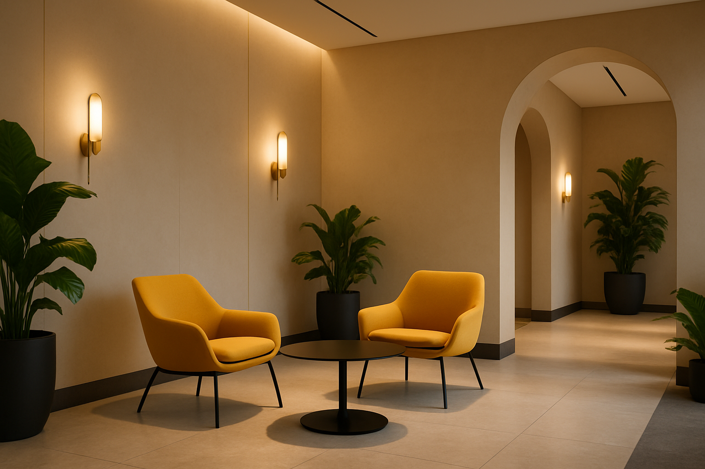 Zwei moderne gelbe Lounge-Sessel mit rundem schwarzem Tisch in stilvoll beleuchtetem Wartebereich; warme Wandleuchten, dezente Pflanzen und beige Wände schaffen eine einladende Atmosphäre für Geschäftskunden.