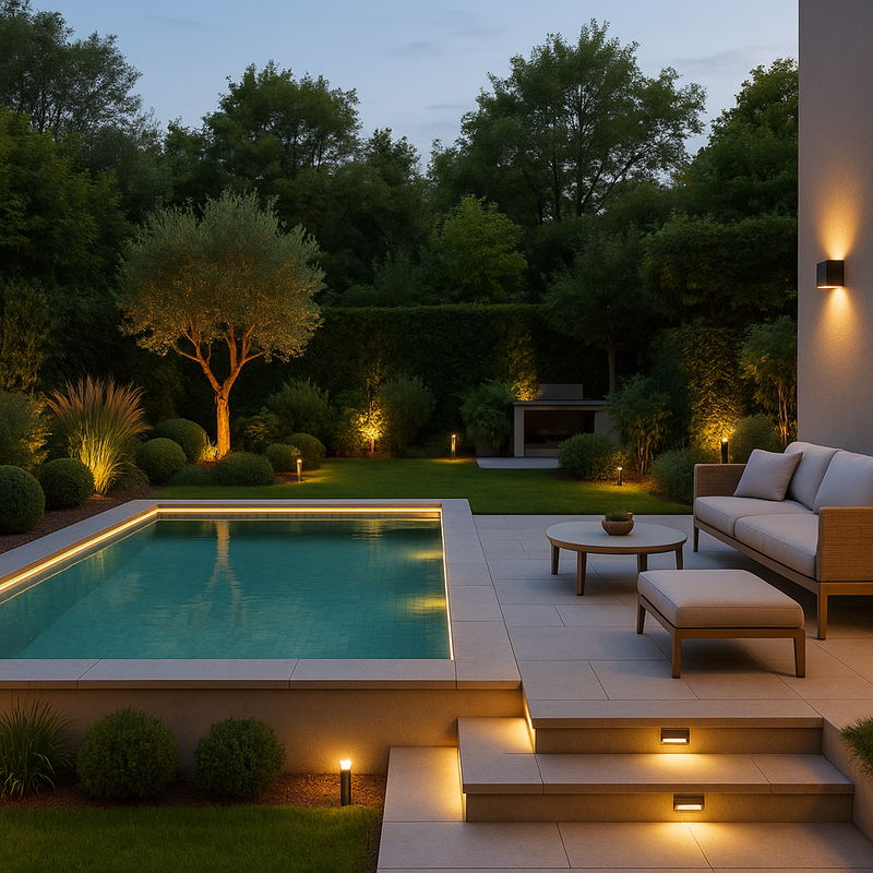 Stimmungsvolle Terrasse bei Dämmerung mit moderner LED-Außenbeleuchtung. In der Mitte steht ein großer rechteckiger Esstisch mit acht dunklen Stühlen. Rechts davon befindet sich eine elegante Outdoor-Couch mit Beistelltisch, links eine hochwertige Grillstation. Die Wand- und Bodenbeleuchtung in warmem Licht akzentuiert Pflanzenbeete, Wände und Treppenkanten. Der Himmel zeigt ein sanftes Abendrot mit blauen Nuancen, umrahmt von Bäumen. Die Atmosphäre wirkt ruhig, stilvoll und einladend.