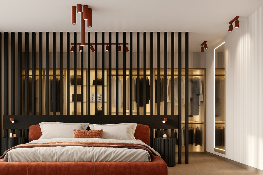 Modernes Schlafzimmer mit offenem begehbarem Kleiderschrank, vertikaler Holzlamellenwand und Design-Deckenleuchten in Terrakotta. Elegantes Bett mit Polsterkopfteil in Rostrot, integrierte LED-Wandleuchten, Nachttische in Schwarz sowie stimmungsvoll beleuchteter Ankleidebereich mit Glasfronten. Hochwertiges Interior im Boutique-Hotel-Stil.