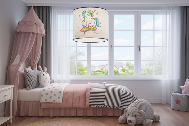 Liebevoll eingerichtetes Kinderzimmer mit rosa Baldachin-Bett, Kuscheltier und verspielter Pendelleuchte mit Einhorn-, Regenbogen- und Sternenmotiv. Perfekte Deckenlampe für Mädchenzimmer, die eine traumhafte, fantasievolle Atmosphäre schafft.