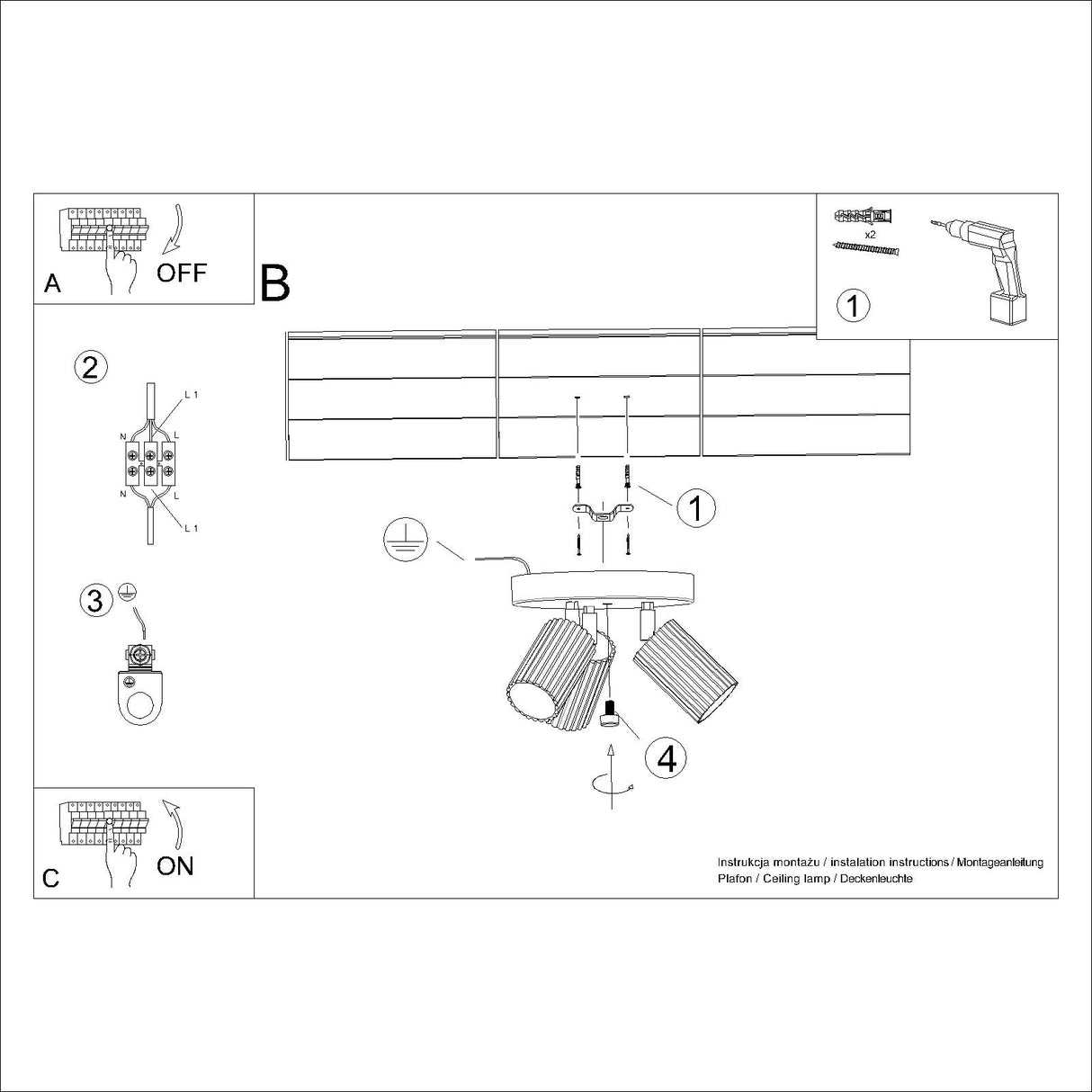 3-flammiger Deckenstrahler KARBON – Rund & Schwenkbar
