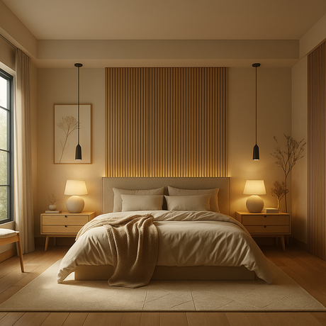 Modernes Schlafzimmer mit natürlichem Licht und harmonischer Beleuchtung. Zwei Nachttischlampen und dezente Pendelleuchten sorgen für warmes Licht. Holzpaneele an der Wand, beige Bettwäsche und Naturdekorationen schaffen eine ruhige, gemütliche Atmosphäre im skandinavischen Stil.