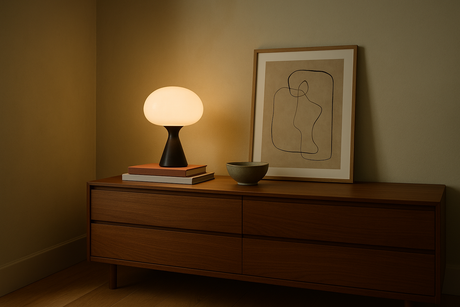 Minimalistische Szene mit einer eleganten Kommode aus dunklem Holz, auf der eine moderne Tischleuchte mit rundem, warm leuchtendem Glas-Schirm steht. Daneben liegen zwei Bücher, eine schlichte Schale und ein abstraktes gerahmtes Kunstwerk, das an die Wand gelehnt ist. Die Wandfarbe ist warm beige, die Atmosphäre ruhig und stimmungsvoll beleuchtet.